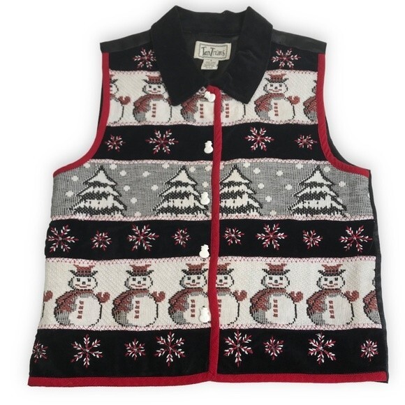 TanTrums Tapestry Snowmen Christmas Trees Velvet Collar Satin Back Vest Small - Picture 2 of 13